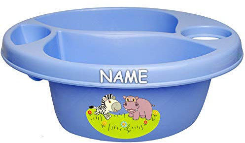 alles-meine.de GmbH 3 Kammer - Schüssel/Waschschüssel/Kinderwaschbecken - blau Tiere - Zebra & Nilpferd inkl. Name - Bieco - mit Seifenablage - Organizer - Reinigungsmitt..