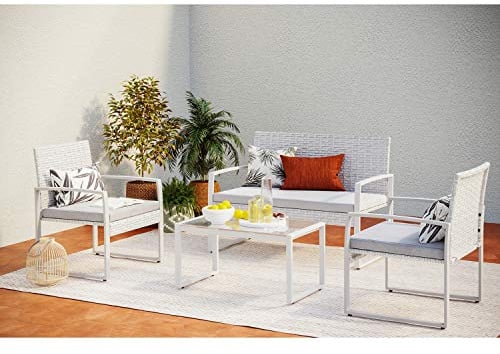 CONCEPT USINE | Salon de Jardin en Résine Tressée 4 Personnes | ESNA Gris Clair | Plateau Table Verre Trempé | Coussins Déhoussables Lavables | Waterproof, Robuste, Design Moderne & Confortable