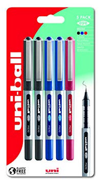 uni-ball UB-150 Eye Micro Tintenroller, 5 Stück, Schwarz/Blau/Rot, kunststofffreie Verpackung