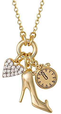 Disney Princess Cinderella Yellow Gold Plated 3D Cubic Zirconia 18 Charm Necklace, Officially Licensed