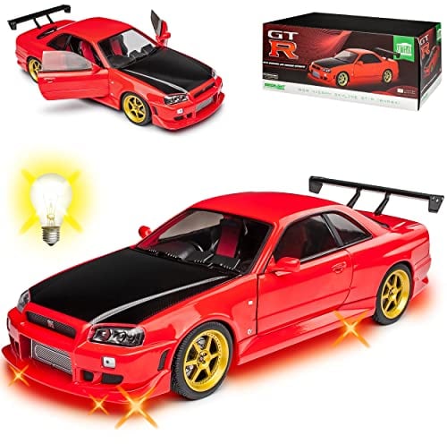 Nisan Skyline R34 GT-R Rot mit Schwarz und LED Licht 1998-2002 1/18 Greenlight Modell Auto mit individiuellem Wunschkennzeichen