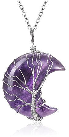JSDDE Natural Amethyst Crystals Stone Necklace Healing Crystal Life Tree Wire Wrapped Moon Quartz Gemstone Pendant Necklace Jewelry