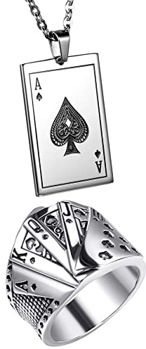 Flongo Herren Kette Ring Set Halskette mit Poker Anhänger Siegelring Bandring Männer Schmuckset mit Pik-Ass Spielkarte Royal Flush Poker Karten Silber Größe 62