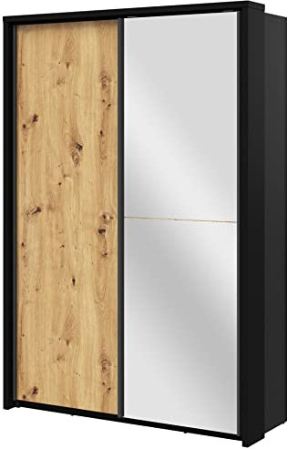 Schwebetürenschrank Kleiderschrank AR-21 ARTI Garderobenschrank Schrank Schiebetür Schiebeschrank mit Spiegel, Kleiderstangen, 5 Einlegeboden (Schwarz/Artisan Eiche)