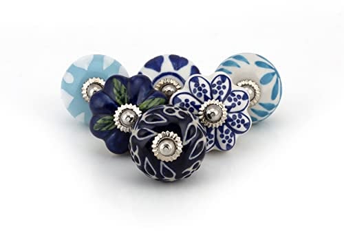 Craft Trade Knobs for Cabinets and Drawers Assorted Vintage Blue Ceramic Knobs Colorful Kitchen Furniture Pull Handles Cabinets Cupboard for Wardrobe Interior Décor - Pack of 6