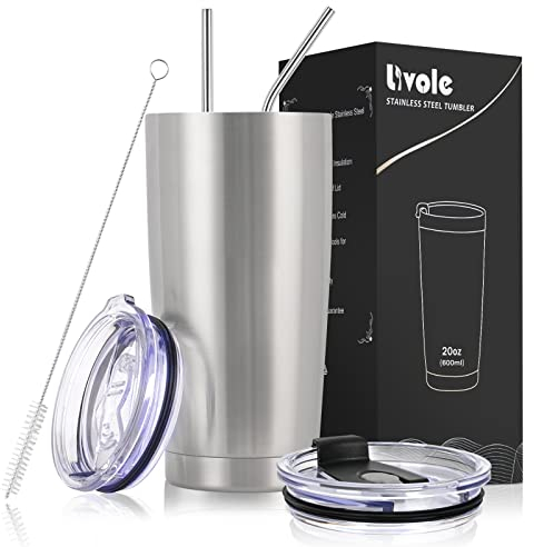 Livole Thermobecher 20oz 600ml für Männer, Frauen, Autobecher, Kaffeebecher to go, Edelstahl Becher mit Strohhalm und Deckel, Doppelwandig Vakuum Trinkbecher, Camping Becher Tasse für Kaffee, Silber