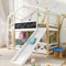 Merax Hochbett für Kinder, Kinderbett Etagenbett 90x200 cm mit Leiter und Rutsche, Hausbett mit Rausfallschutz und Lattenrost, Spielbett mit Zwei Liegeflächen und Graffiti-Tafel, Natur & Weiß