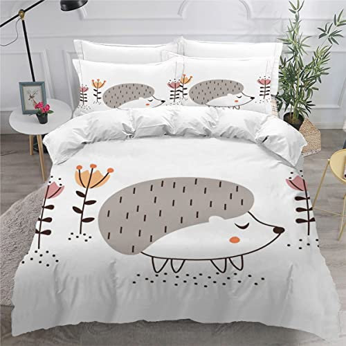 AASIRA Bettwäsche 200x200 3Teilig Süßer Igel Bettbezug Erwachsene Leicht Mikrofaser Bettwäsche Set mit Muster 3D Weiß Waldtiere Bettbezüge Sommer mit Reißverschluss und 2 Kissenbezüge 80x80