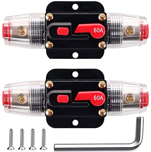 Greluma 2Pcs Fusibile di ripristino dell'interruttore automatico in linea da 60A, portafusibile di ripristino da 12V-24V DC 60A con ripristino manuale per la protezione del sistema audio per auto