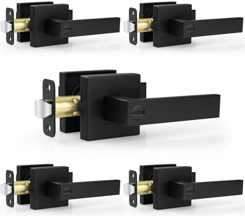 Estmoon 5 Pack Matte Black Door Handles Interior Door Knobs, Keyless Privacy Bedroom Door Lock, Heavy Duty Zinc Alloy Home Improvement Door Leverset for Bedrooms Bathrooms