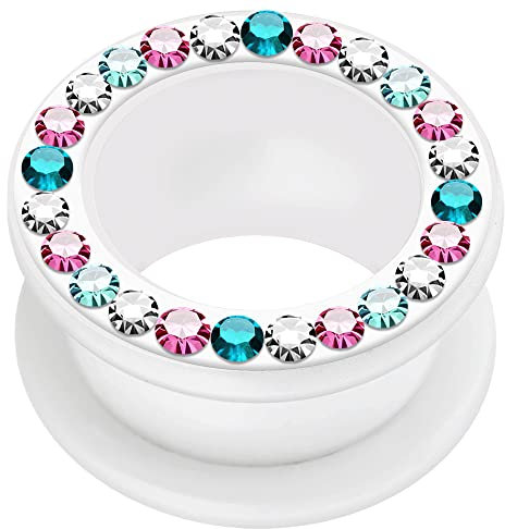 AZARIO LONDON Pierce Flesh Tunnel mit Kristallsteinen, Milchweiß, UV-Acryl, mit Außengewinde, Schraube für Flesh Tunnel, Plugs und Tunnels, 1/2 Inch ( 12mm ), Kristallstein, Kristall