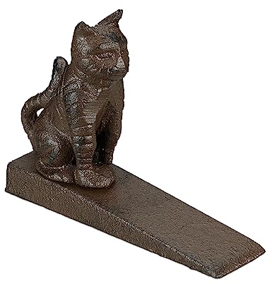 Relaxdays Türstopper, Katze, Gusseisen, Türpuffer für Boden, innen & außen, H x B x T: 11 x 15 x 4 cm, Türkeil, braun