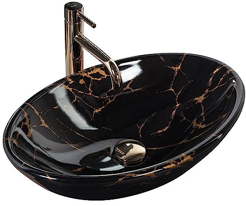 Rea Aufsatzwaschbecken Pamela Black Marble Shiny Waschtisch Handwaschbecken Waschschale Waschbecken für Badezimmer aus hochwertiger Keramik 530 x 330 x 150 mm (Stein imitiert)