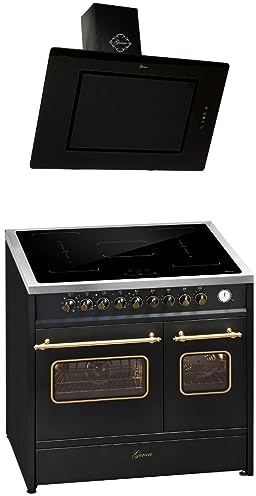 GURARI Induktions-Standherd E 913 DF RU BL+GCH S 155 BL 90 Prime, Retro Elektro Standherd 90cm, Range Coocker mit FLEX Induktion+Dunstabzugshaube 90 cm