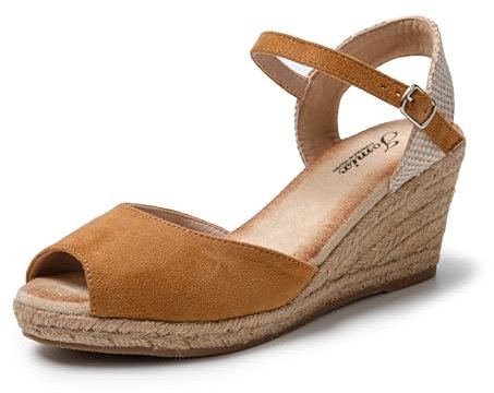 JOMIX Sandalias Mujer Verano con Cuñas Esparto Alpargatas Mujer Abiertas Sandalias Mujer Comodas Playa Piscina Mar con Hebilla, Camello, 38 EU