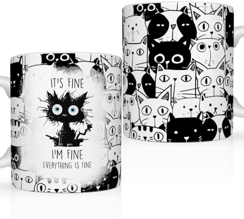 LONGXIN Regalo per gli amanti dei gatti, divertente tazza con gatto nero, tazza con gatto tutto è fine, regalo di compleanno di Natale per gatto mamma, regalo di Halloween, tazza da caffè da 325 ml