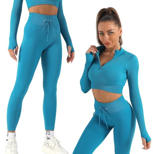 Active 100 Gym sets for women 2 piece zip up jacket Workout outfits, Cropped Top, Long Sleeve, Leggings Set for Running, Yoga, Gym, Sports Activity (Aqua Blue, XL)