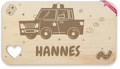 Frühstücksbrettchen Holz Herz - Polizeiwagen mit Name I Police I Polizei Geschenk - 22,5x12,5 - Holz - personalisierte