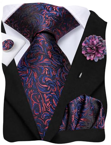 Hi-Tie Herren-Krawatte, Reversnadel-Set, Einstecktuch, Manschettenknöpfe, gewebte Seidenkrawatten für Männer, Hochzeit, formelle Anlässe, 01 - Schwarz/Rot/Blau-Blume, M