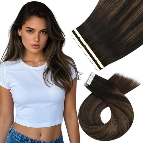 Moresoo Tape Extensions Echthaar Dunkelbraun Balayage Hellbraun Haar Tapes Echthaar 45 cm Glatt Remy Tape in Extensions Echthaar 25g 10 Stück #2/6/2