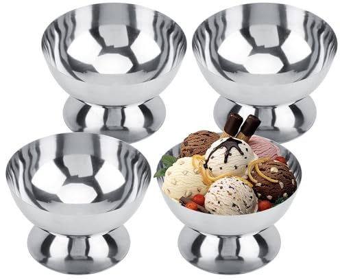 Hapivida Set of 4 Ice Cream Sundae Bowls, 200ml Stainless Steel Dessert Cups Footed Trifle Bowl Serving Dishes Mini Milk Shake Cups for Ice Cream, Desserts, Pudding, Fruit, Appetizer, Salad (Short*4)