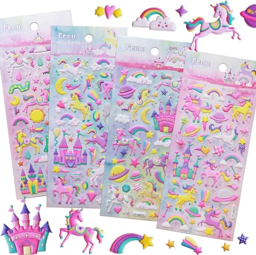 BAIDZFU Einhorn Aufkleber, 3D Aufkleber Kinder 4 Blätter, 3D Geschwollene Aufkleber, DIY Cartoon Aufkleber, Einhorn Sticker Mädchen, Aufkleber für Kinder, Einhorn Geschenke für Mädchen
