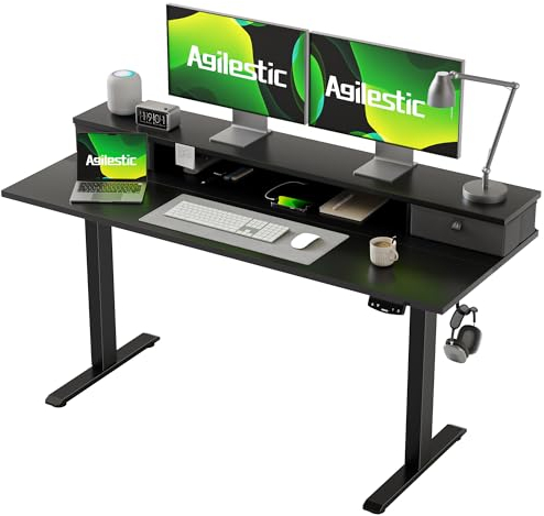 Agilestic Höhenverstellbarer Schreibtisch mit 2 Schubladen, 140 x 60 cm Stabiler Schreibtisch Höhenverstellbar Elektrisch, Ergonomischer Steh-Sitz Tisch Computertisch, Schwarz