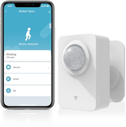 eMylo Sensore di movimento intelligente WiFi, rilevatore di movimento PIR, sensore a infrarossi con APP in tempo reale, campo di rilevamento di 128°, alimentazione doppia USB e batteria, compatibile c