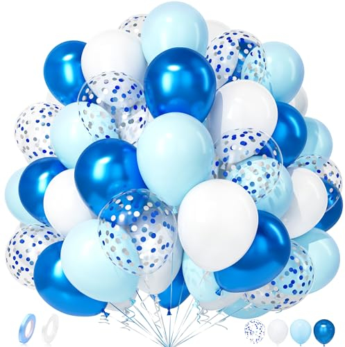 Unisun Luftballons Pastell Blau Weiß, 50 Stück Latex Ballon Macaron Blau Weiß Metallic Blau Silber Konfetti Luftballon Mädchen Junge Kind Geburtstag Taufe Jubiläum Hochzeit Verlobung Baby Party Deko