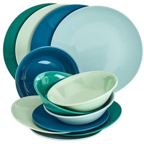 Tabletops Gallery 12 Piece Green Teal Blue Melamine Dinnerware Set Plates Bowls for Indoor Outdoor Use, Service for 4, Peacock