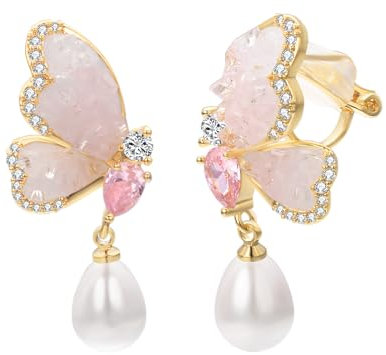 Vissen Rose Papillon Boucles D'oreilles Femme Clip Pendante Perle Baroque Plaqué Or Zirconium Clips Oreilles Non Percees Strass Bijoux