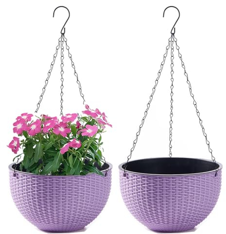 WOWEI 2 Piezas Macetas Colgantes para Plantas con Almacenamiento de Agua y Orificio de Drenaje Macetas de Autorriego Cesta Colgante Flores Suculentas Con Cadenas Inoxidables (Morado, S)