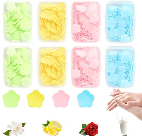 VIDSTW 8 Kartons Seifenblätter, 4 Düfte Seifenblättchen für Unterwegs Travel Soap Flocken mit Staubbox Reise Seife Blätter Blütenblattform Outdoor Seife Flocken, für Badezimmer, Camping