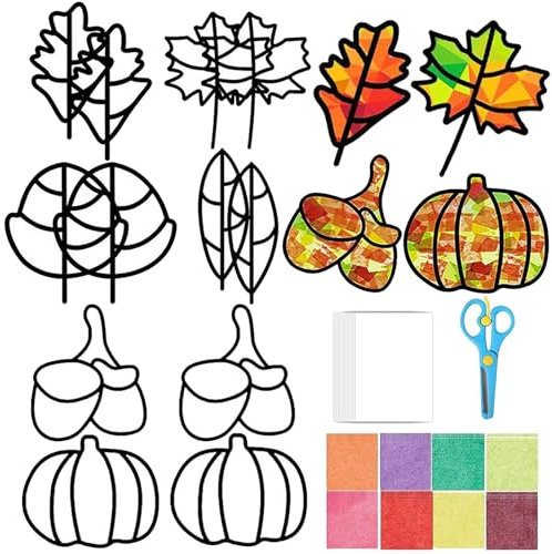 Auzlya Herbst Bastelset für Kinder - 12 Stück DIY Fensterbilder, Herbstdeko - Für Erntedankfest, Weihnachten