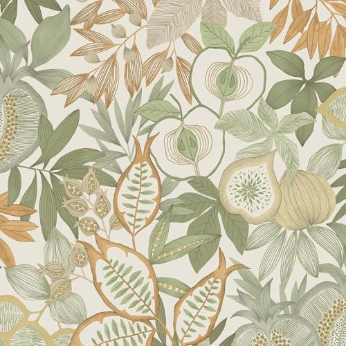 Exotic Fruit Green Orange Wallpaper - Botanical Leaves Tropical Naturistic - Stylish Modern Feature Wall