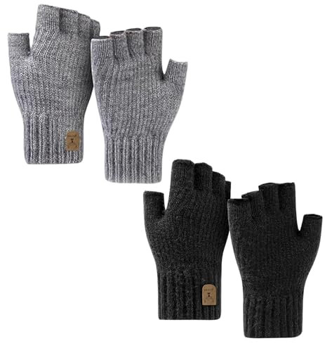 GUTERTOP 2 Pairs Handschuhe Ohne Fingerkuppen, Fingerhandschuhe Winter Strick Warme Damen, Handschuhe Damen kaschmir Fingerlos für Herren und Damen