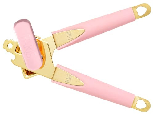 Paris Hilton Can Opener with Built-in Bottle Opener, Easy-Turn Knob & Soft-Grip Handles for Iconic Kitchen Convenience, Pink and Gold