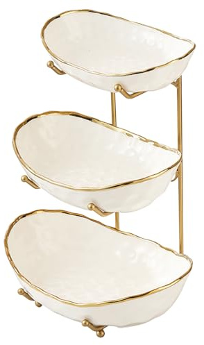 MEIGLQEA White Fruit Bowl with Gold Metal Stand, 3 Tier Modern Ceramic Fruit Bowl Fruit Rack for Kitchen Counter, Tiered Fruit Basket for Snacks Bread Candy Storage (White,3 Tier)