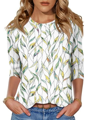 Kistore Women's 3/4 Sleeve Shirts Crewneck Office Work Blouses Professional Business Casual Floral Tunics Blouses S