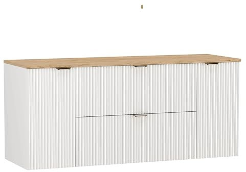 Wena Mobel Waschbeckenunterschrank Hängend 140 cm Breit | Waschtischunterschrank mit 2 Schubladen und 2 Türen | Badezimmerschrank unter Waschbecken | Hängeschränke fürs Bad (Weiß/Walnuss)