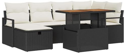 vidaXL Garten-Sofa-Set mit Kissen 7 pcs Schwarz Poly Rattan, Garten und Terrasse, Moderne verstellbare Füße, Poly-Rattan-Sofa, Bequeme Sitzgelegenheit, Entspannung im Freien