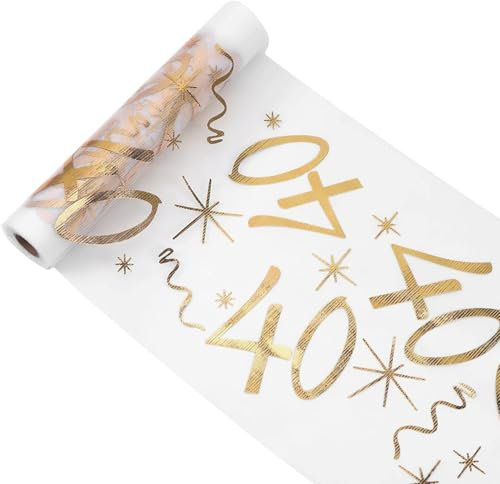 Tischläufer 40 Geburtstage 28 × 275cm Tischdecke Gold Tischläufer Rolle Glänzend Goldfolie Tischdeko Tischband aus Dekostoff Netz Happy Birthday für Party Geschenke DIY Basteln