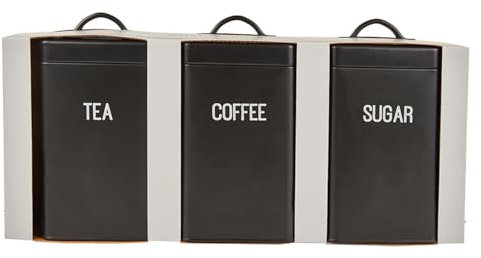DEENZ Set Of 3 Pieces Black Rectangular Shape Matte Finish Canisters Tea-Coffee-Sugar Jar Containers And Bread Bin Metal Kitchen Storage 20.5 X 42 X 25 Cm (Set Of 3 Canisters And Bread Bin)