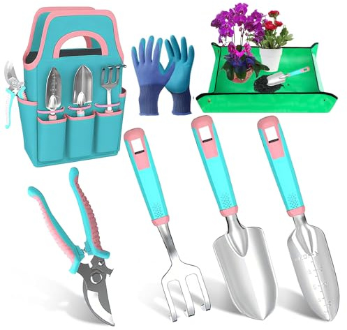 ROCKY&CHAO Gartenwerkzeug-Set, 7 Stück Garten Hand Werkzeuge, Rost-Sicht Gartenarbeit Set mit dauerhafter Aufbewahrungstasche, Ergonomischer Anti-Rutsch-Griff Gartengeräte (Macaron)