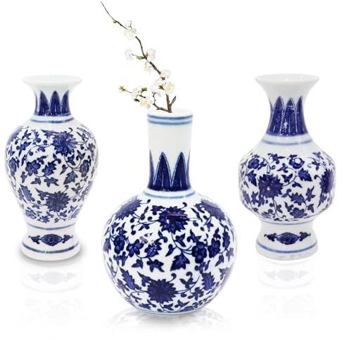 3 Pack Small Blue and White Porcelain Vases, 14 cm Mini Chinoiserie Bud Vase, Classic Ceramic Vases for Home Office Bookshelf Table Centerpieces Decoration