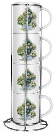 Purely Home Beautiful Garden Stacking Mugs Set - Presents for Gardeners - Set of 4 Small Ceramic Mugs Gift Set with Metal Stand