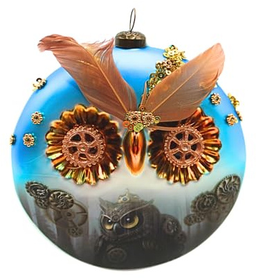Dekohelden24 Lauschaer Christbaumschmuck - Christbaumkugel Lauscha, Weihnachtsbaumkugel, Eulenkugel, Glasornament Eule als Taler, Glasbehang Eule Steampunk in bunt, aus Lauscha, L/B/H 11 x 4 x 12 cm.