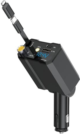 Flexy Living Retractable Car Phone Charger, Cigarette Lighter Adapter Type C to Lightning Converter USB & Type C Ports Voltage Display 120W Fast Car Charger For Samsung and iPhone Car Accessories