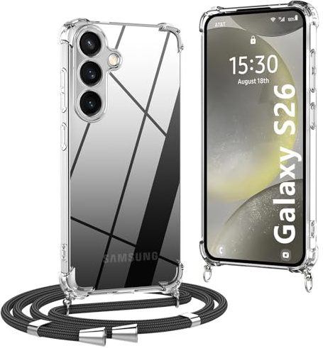 OLEPHY Handykette für Samsung Galaxy S26 5G Hülle mit Band, Schwarz | Necklace Hülle mit Band, Handyhülle zum Umhängen, Soft Transparent Case mit Kordel, Stoßfeste Schutzhülle,
