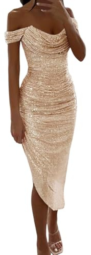 MNSWR Damen Karneval Kleidung Women's Formal Dress-Damen Glitzernde Pailletten Ballkleider Schulterfrei Enges Plissee Abendkleid Midi Homecoming Kleid